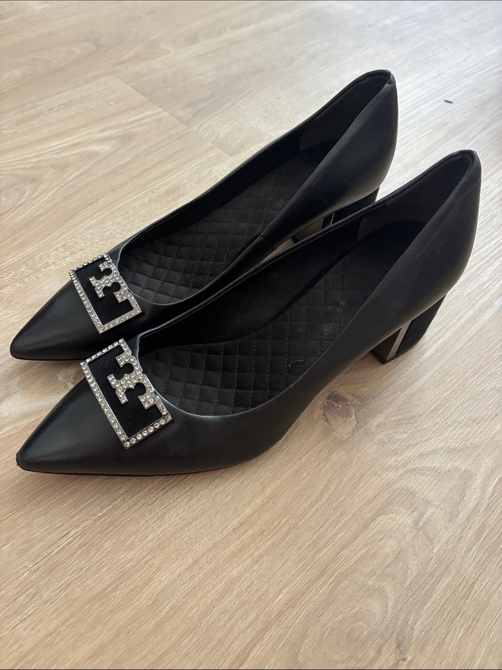 Tory Burch Black Pointed Toe Low Mirror Heel, Rhinestone Buckle, Suede,